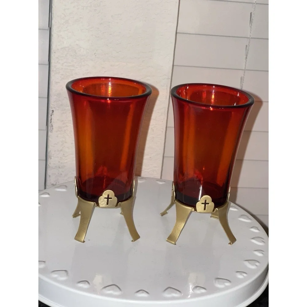 Vintage Pair Of‎ Gold Color Metal Votive Candle Holders Altar Sanctuary Church